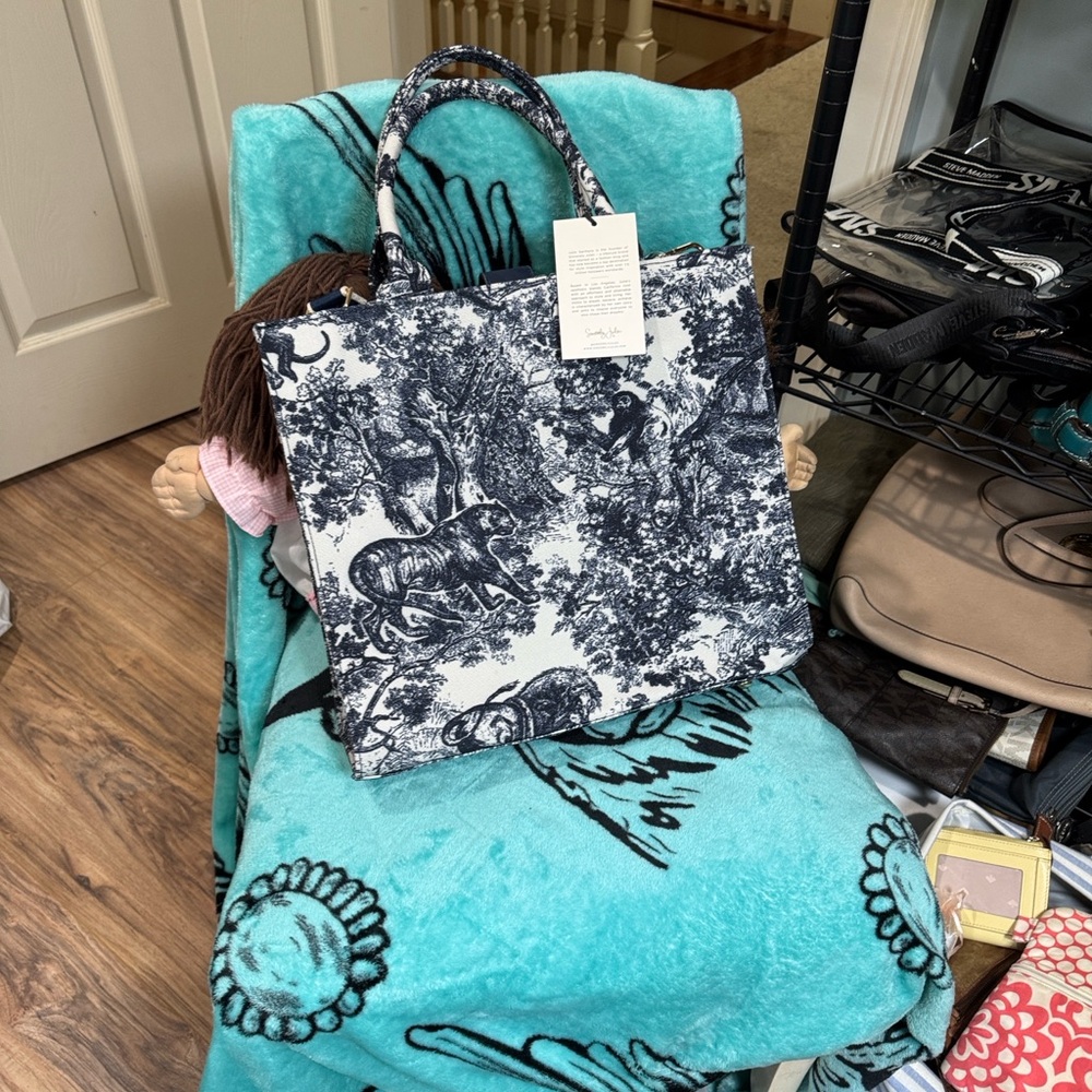 Navy Blue and White Toile Tote Bag with Top Handles